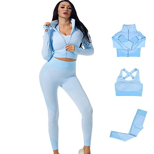 Veriliss 3pcs Seamless Outfit Workout Sets Gym for Women, Fitness Sports School Running Clothes Yoga Sportswear