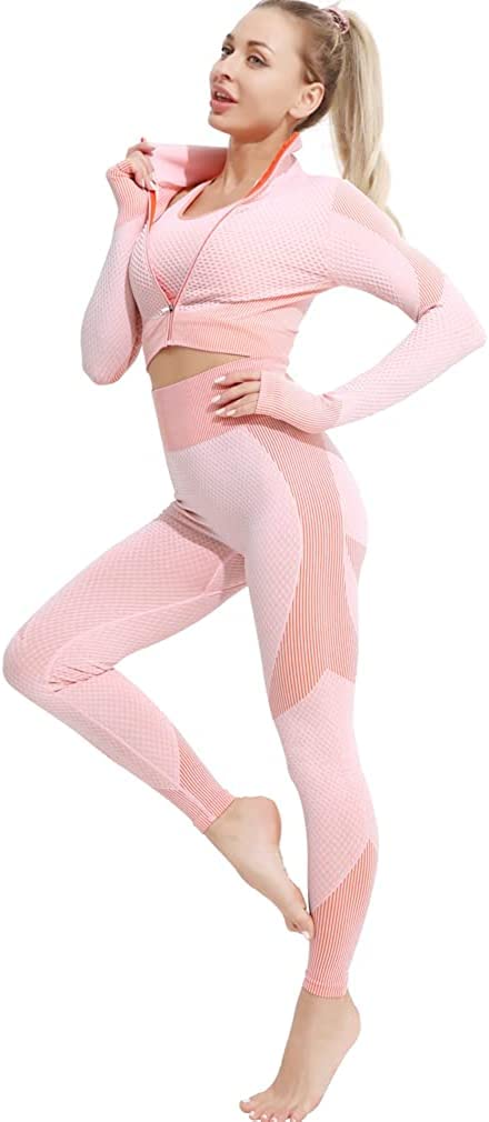 Veriliss 3pcs Seamless Outfit Workout Sets Gym for Women, Fitness Sports School Running Clothes Yoga Sportswear