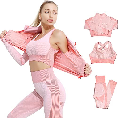 Veriliss 3pcs Seamless Outfit Workout Sets Gym for Women, Fitness Sports School Running Clothes Yoga Sportswear