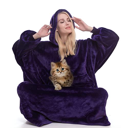 Sweatshirt Blanket Oversized Blanket Hoodie Big Blanket for Adults Hoodie Blanket Wearable Blanket Women Giant Hoody Blanket for Men Super Cosy Blanket with Sleeves Fleece Blanket Giant Pocket (Purple)