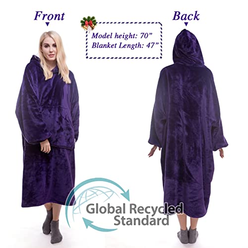 Sweatshirt Blanket Oversized Blanket Hoodie Big Blanket for Adults Hoodie Blanket Wearable Blanket Women Giant Hoody Blanket for Men Super Cosy Blanket with Sleeves Fleece Blanket Giant Pocket (Purple)