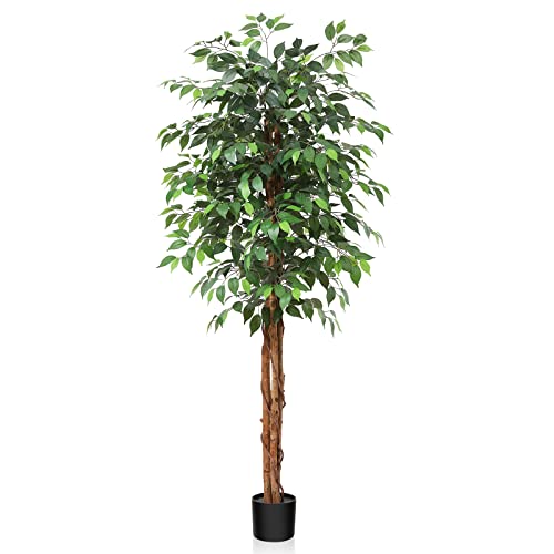 OAKRED 4FT Silk Artificial Ficus Tree with Realistic Leaves and Natural Trunk Fake Plants Tall Fake Tree Faux Ficus Tree for Office House Living Room Home Decor Indoor Outdoor,Set of 1