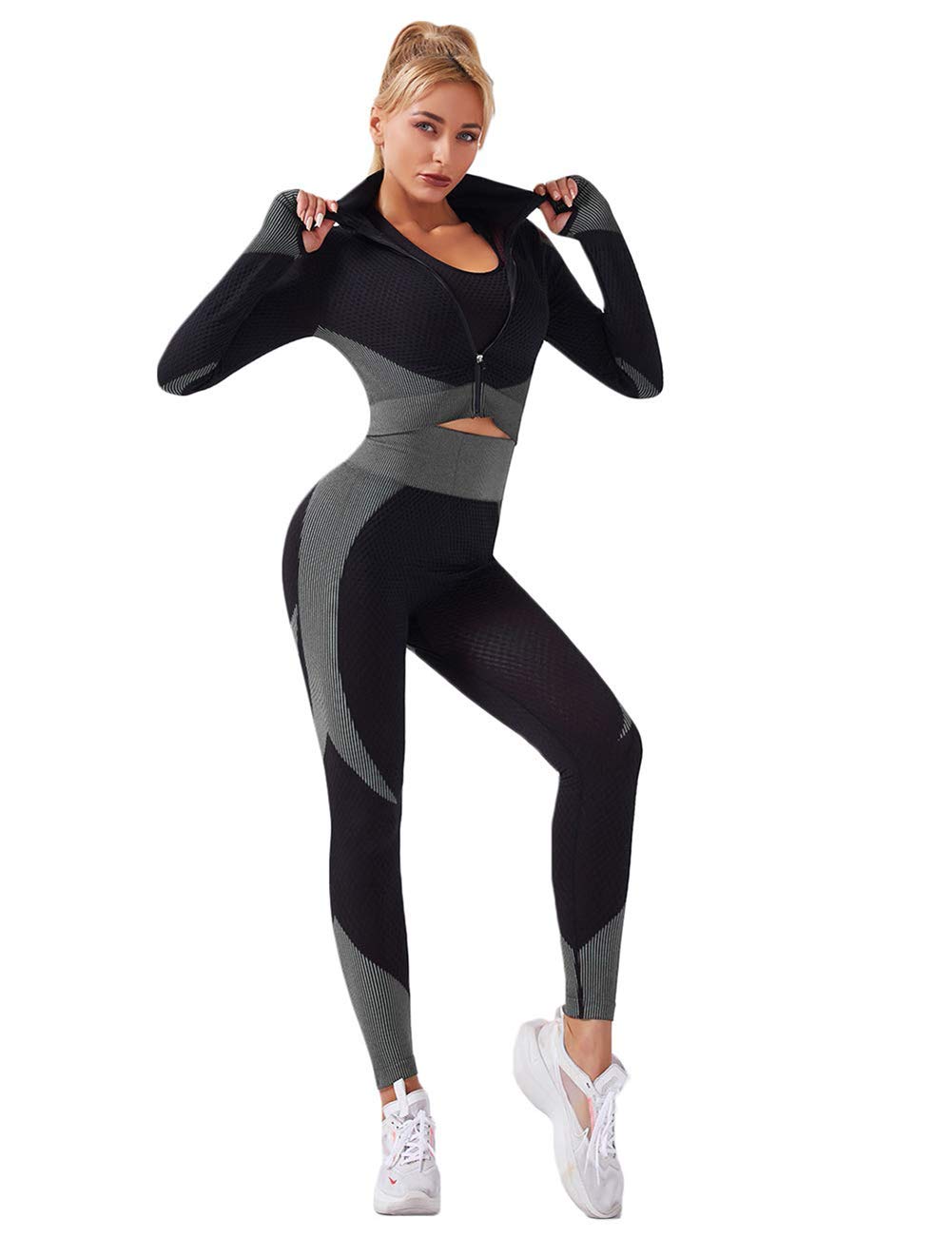 Veriliss 3pcs Seamless Outfit Workout Sets Gym for Women, Fitness Sports School Running Clothes Yoga Sportswear