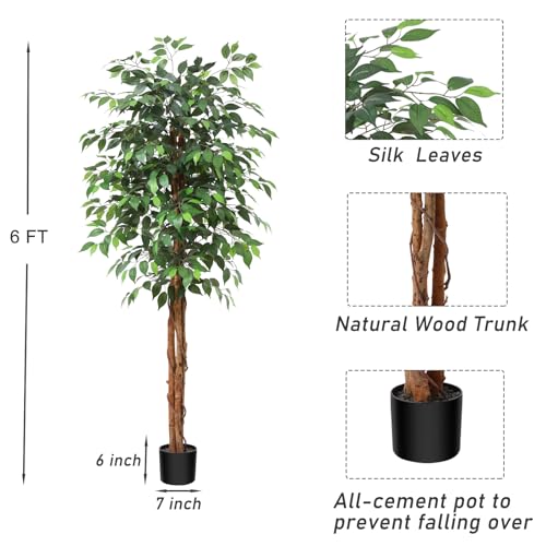 OAKRED 4FT Silk Artificial Ficus Tree with Realistic Leaves and Natural Trunk Fake Plants Tall Fake Tree Faux Ficus Tree for Office House Living Room Home Decor Indoor Outdoor,Set of 1