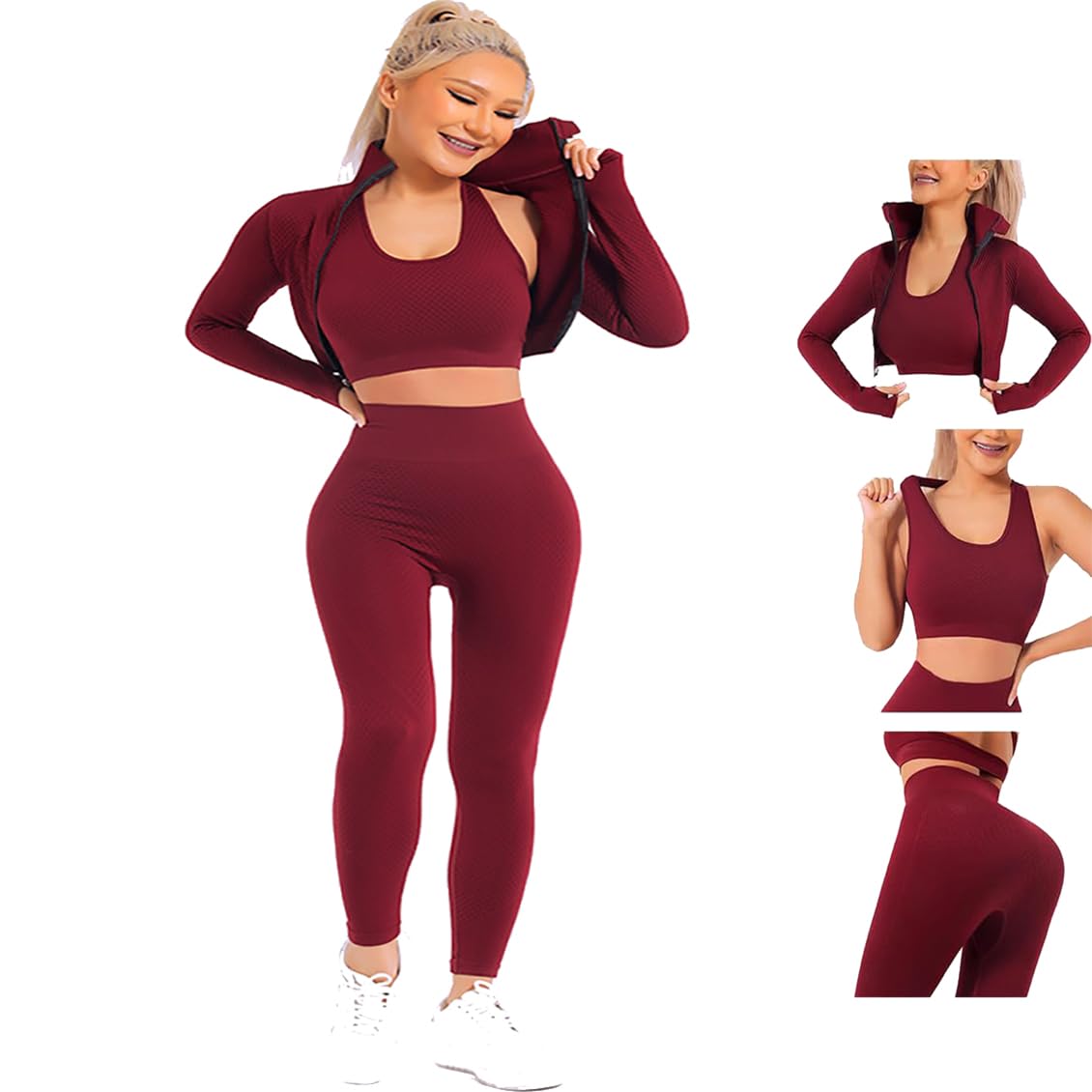 Veriliss 3pcs Seamless Outfit Workout Sets Gym for Women, Fitness Sports School Running Clothes Yoga Sportswear