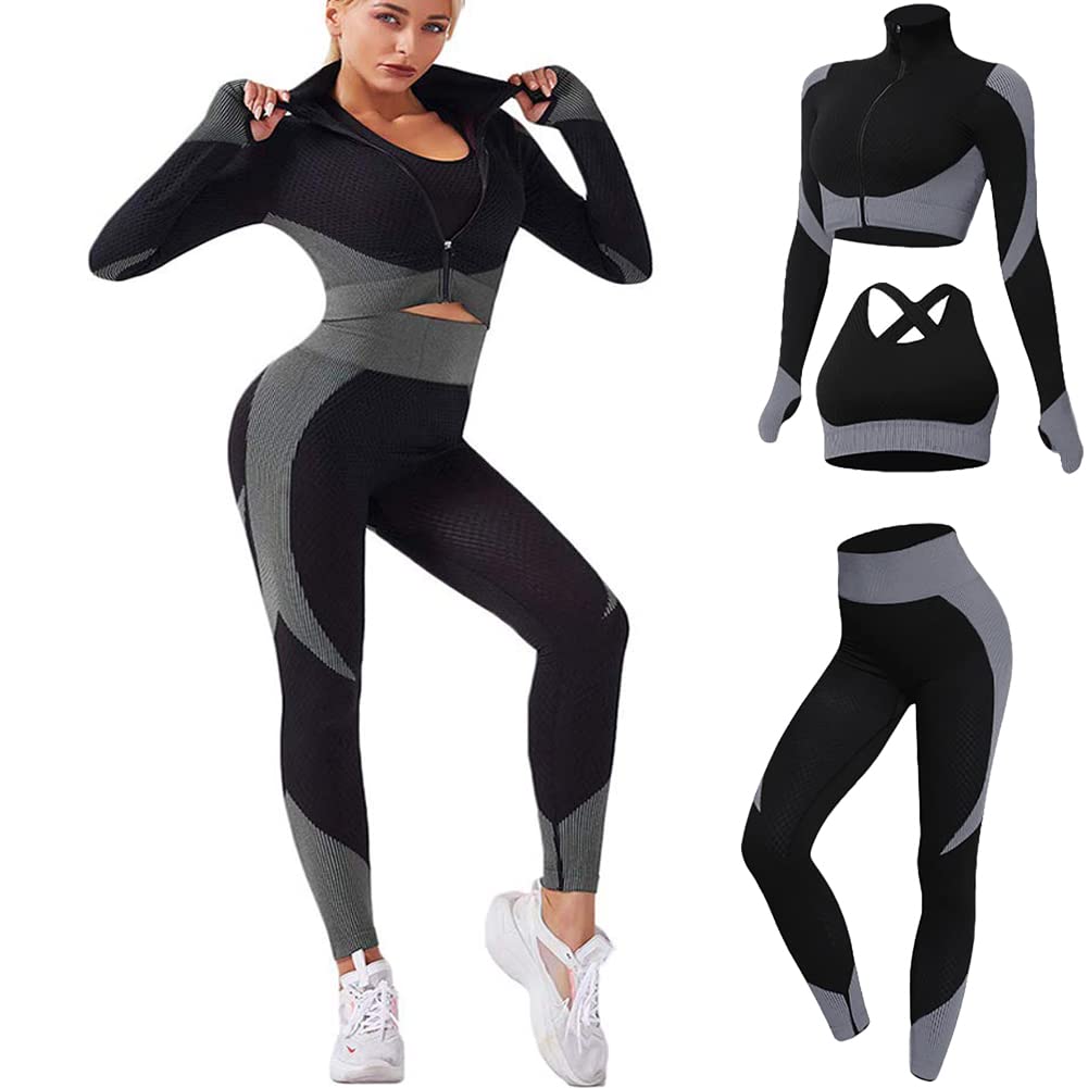 Veriliss 3pcs Seamless Outfit Workout Sets Gym for Women, Fitness Sports School Running Clothes Yoga Sportswear