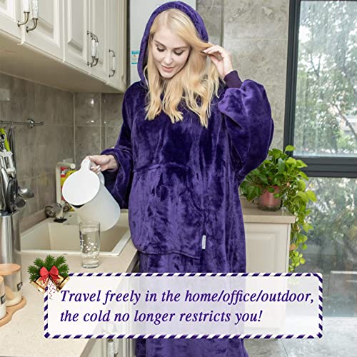 Sweatshirt Blanket Oversized Blanket Hoodie Big Blanket for Adults Hoodie Blanket Wearable Blanket Women Giant Hoody Blanket for Men Super Cosy Blanket with Sleeves Fleece Blanket Giant Pocket (Purple)