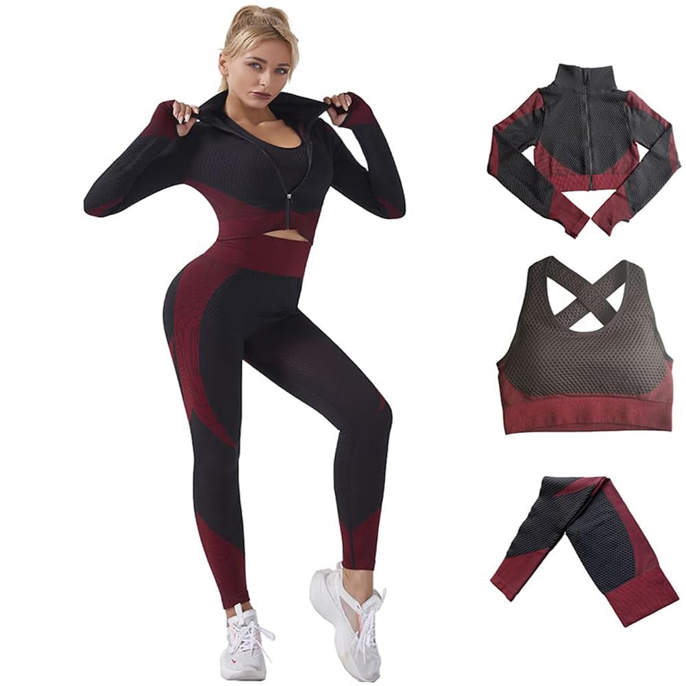 Veriliss 3pcs Seamless Outfit Workout Sets Gym for Women, Fitness Sports School Running Clothes Yoga Sportswear