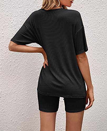 wkwmrpet Women's 2 Pieces Outfits Short Sleeve Top Shorts Joggers Tracksuit Biker Shorts Sets