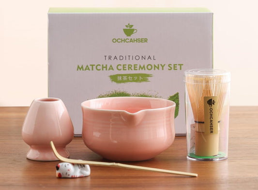 Ochcahser Matcha Set, Pink Ceramic Matcha Kit Includes Matcha Bowl, Matcha Whisk Holder (Chasen), Bamboo Matcha Whisk, Bamboo Scoop and Scoop Stand, Japanese Tea Set for Women