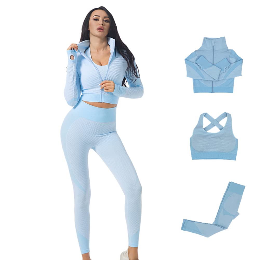 Veriliss 3pcs Seamless Outfit Workout Sets Gym for Women, Fitness Sports School Running Clothes Yoga Sportswear