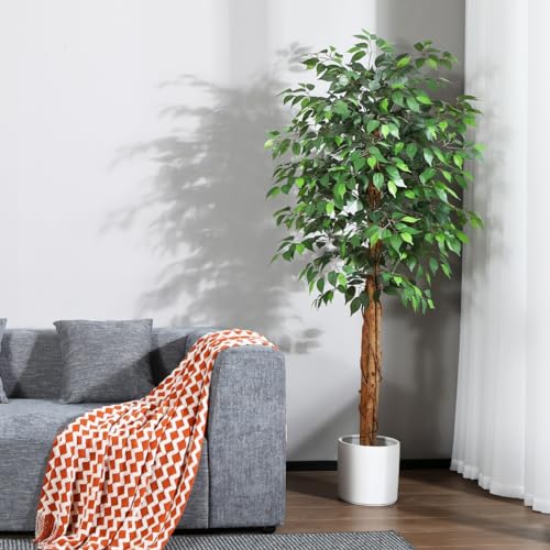 OAKRED 4FT Silk Artificial Ficus Tree with Realistic Leaves and Natural Trunk Fake Plants Tall Fake Tree Faux Ficus Tree for Office House Living Room Home Decor Indoor Outdoor,Set of 1