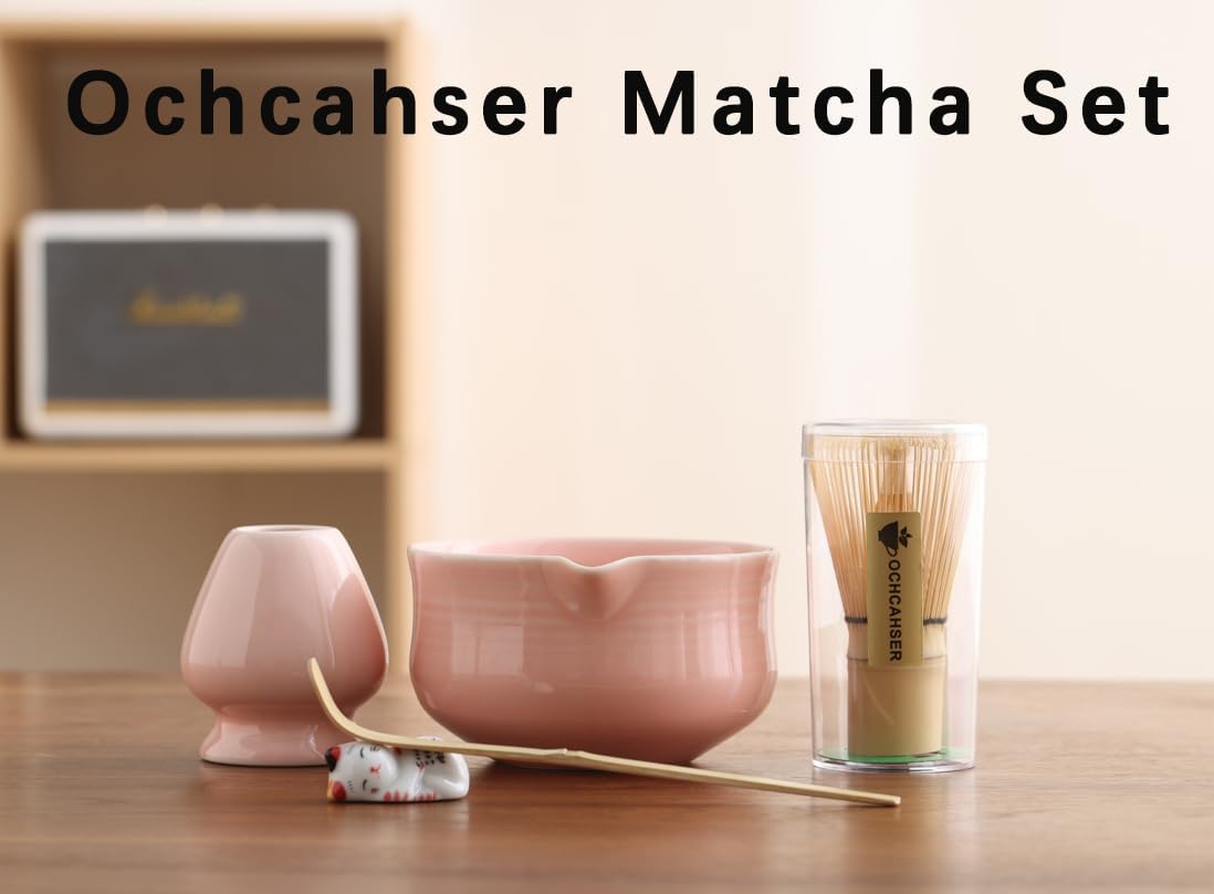 Ochcahser Matcha Set, Pink Ceramic Matcha Kit Includes Matcha Bowl, Matcha Whisk Holder (Chasen), Bamboo Matcha Whisk, Bamboo Scoop and Scoop Stand, Japanese Tea Set for Women