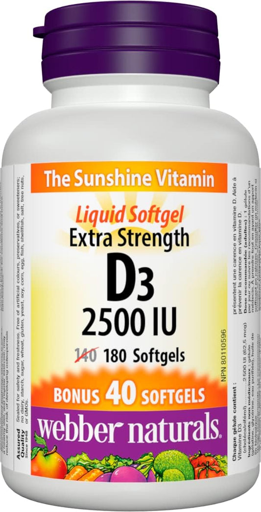 Webber Naturals Vitamin D3 2500 IU Extra Strength, 180 Softgels, For Healthy Bones, Teeth, and Helps Prevent Vitamin D Deficiency