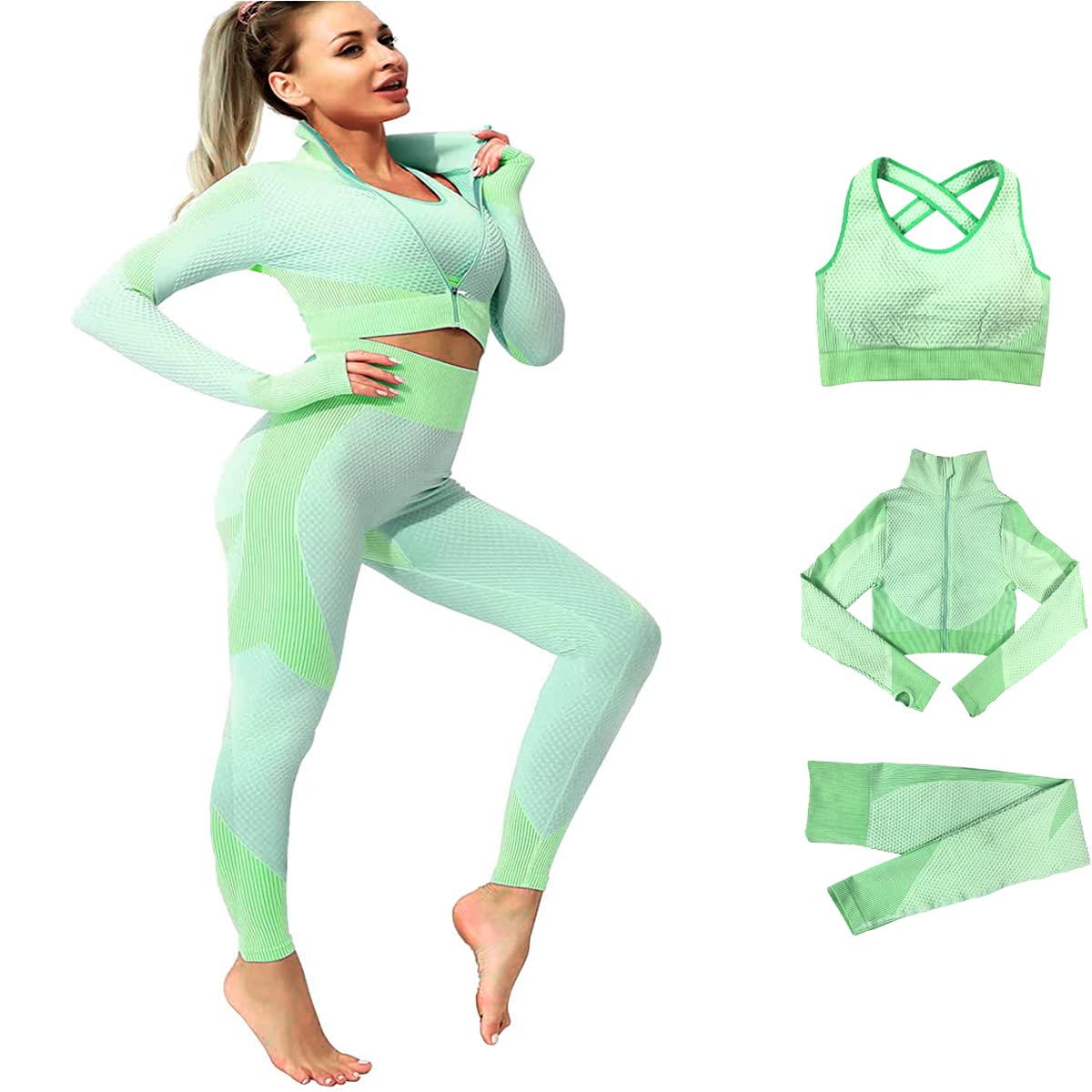 Veriliss 3pcs Seamless Outfit Workout Sets Gym for Women, Fitness Sports School Running Clothes Yoga Sportswear