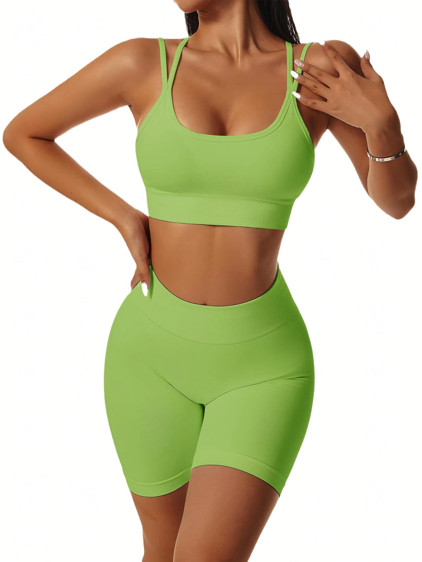 Seamless Workout Sets for Women Strappy Crisscross Sports Bras with Shorts Leggings 2 Piece Yoga Outfits Gym Tracksuit