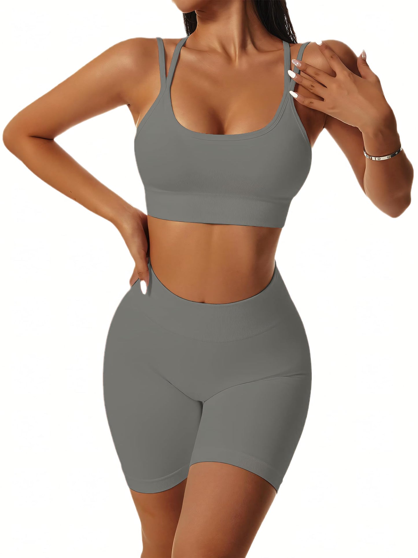 Seamless Workout Sets for Women Strappy Crisscross Sports Bras with Shorts Leggings 2 Piece Yoga Outfits Gym Tracksuit