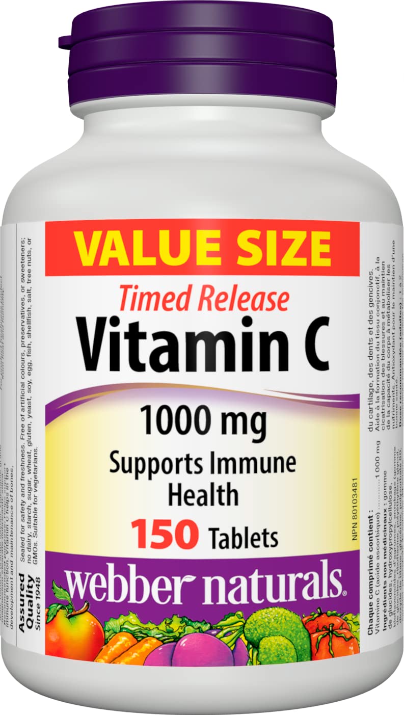 Webber Naturals Vitamin C Timed Release 1000 mg, 150 Tablets, For Bones, Teeth, Immune and Antioxidant Health