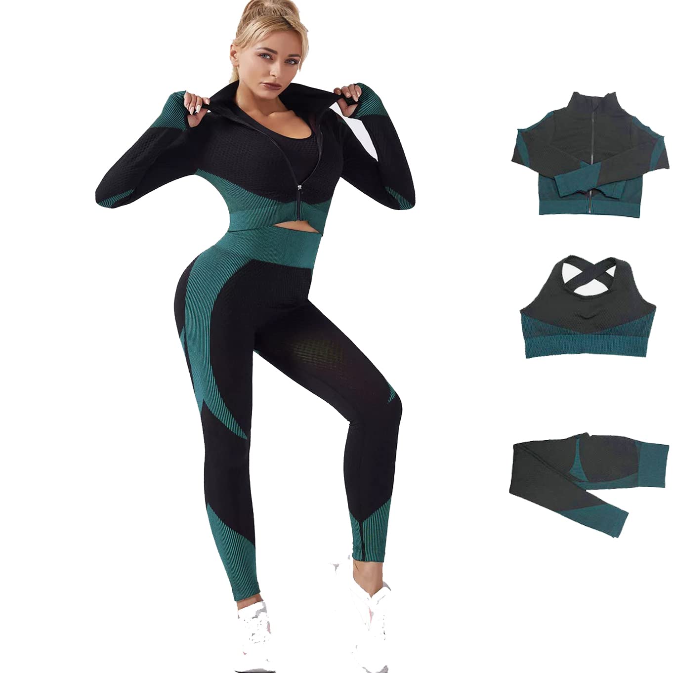 Veriliss 3pcs Seamless Outfit Workout Sets Gym for Women, Fitness Sports School Running Clothes Yoga Sportswear