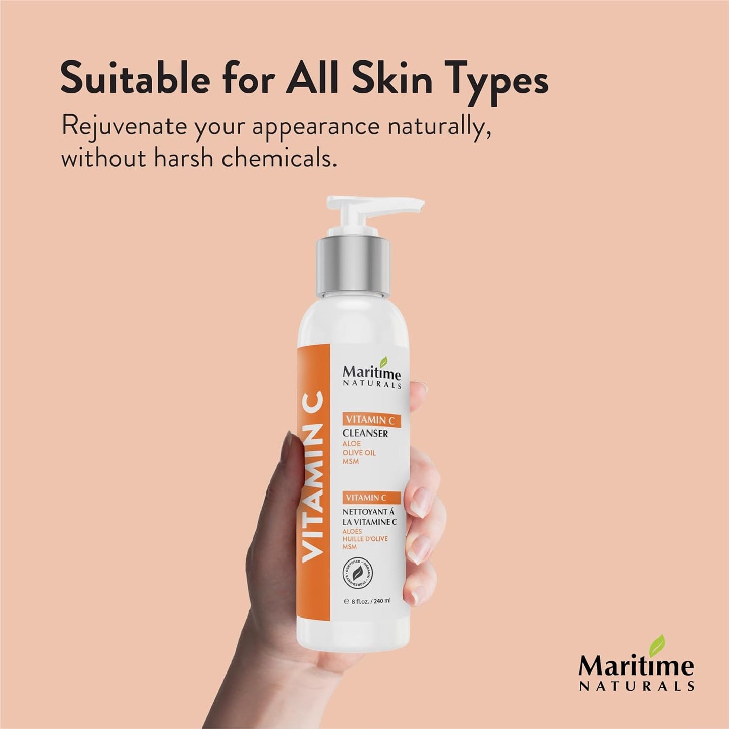 Maritime Naturals Vitamin C Cleanser for Bright, Refreshed Skin | Body & Face Cleanser made with Organic & Natural Ingredients | Gentle Face Wash for Oily, Dry and Sensitive Skin (240 ml)