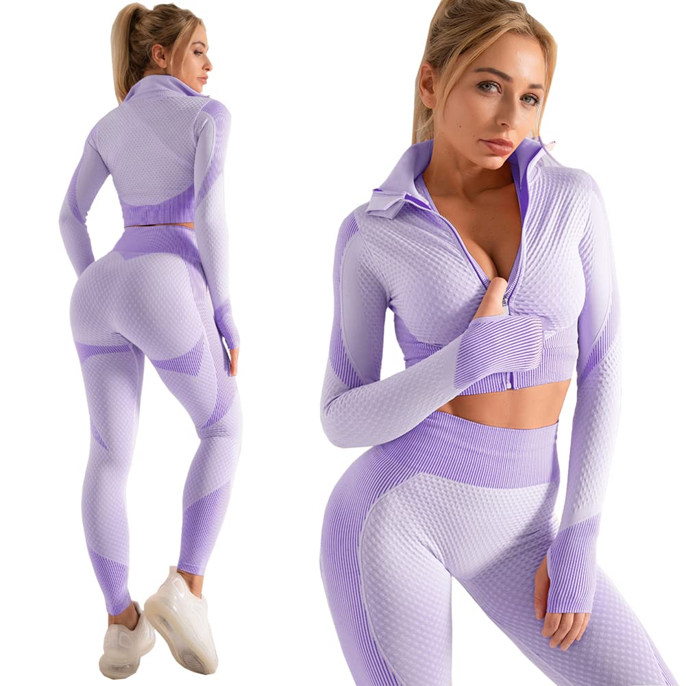 Veriliss 3pcs Seamless Outfit Workout Sets Gym for Women, Fitness Sports School Running Clothes Yoga Sportswear