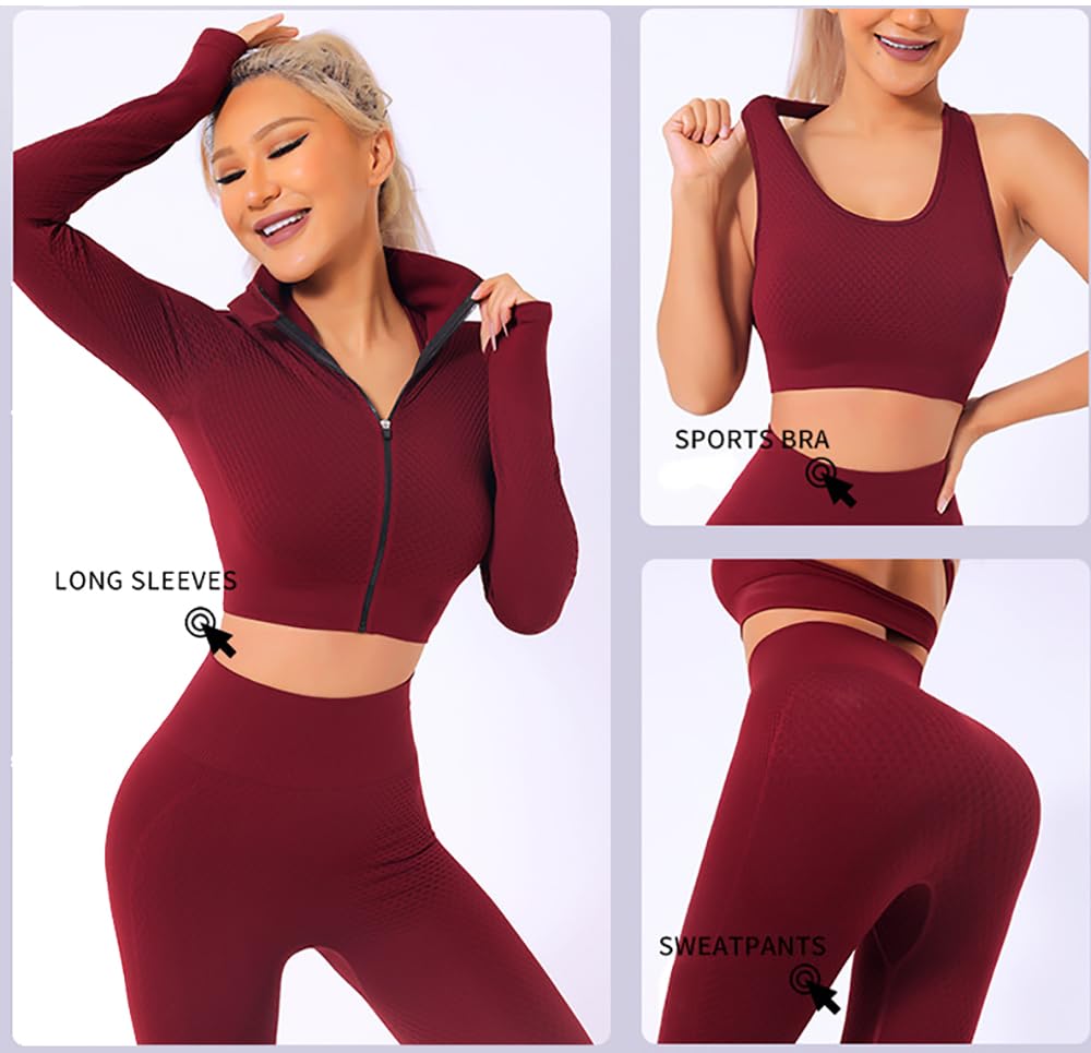 Veriliss 3pcs Seamless Outfit Workout Sets Gym for Women, Fitness Sports School Running Clothes Yoga Sportswear