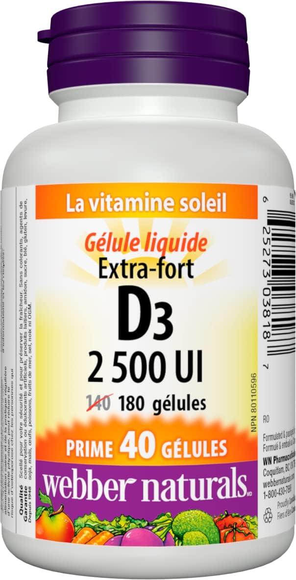 Webber Naturals Vitamin D3 2500 IU Extra Strength, 180 Softgels, For Healthy Bones, Teeth, and Helps Prevent Vitamin D Deficiency