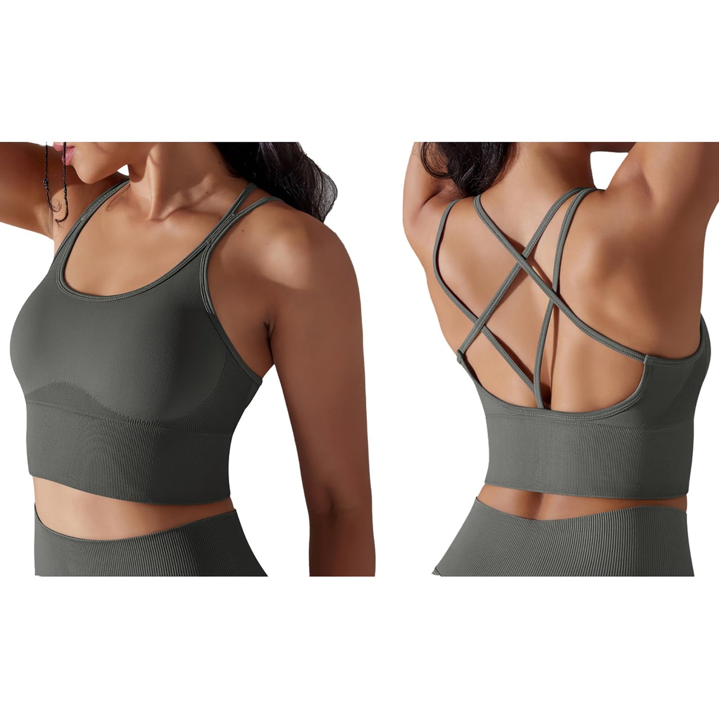 Womens Seamless Workout Sets Crisscross Strappy Sports Bra High Waist Booty Scrunch Shorts 2 Piece Gym Outfits