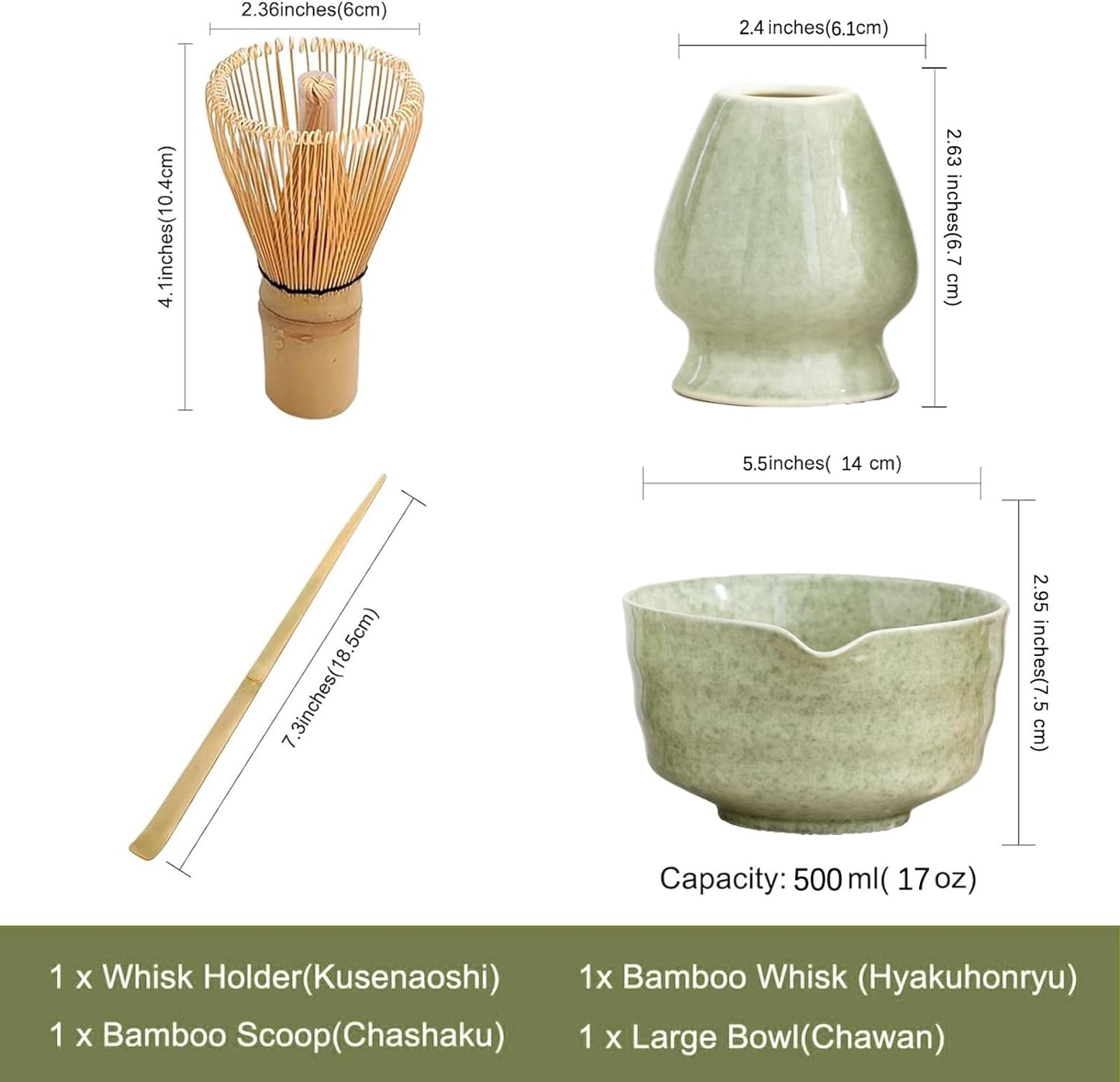 Ochcahser Matcha Set, Japanese Tea Set Includes Matcha Bowl with Spout, Matcha Whisk Holder, Bamboo Matcha Whisk and Bamboo Scoop, 17 oz Mottled Tea Green Glaze Ceramic Matcha Kit for Tea Lovers