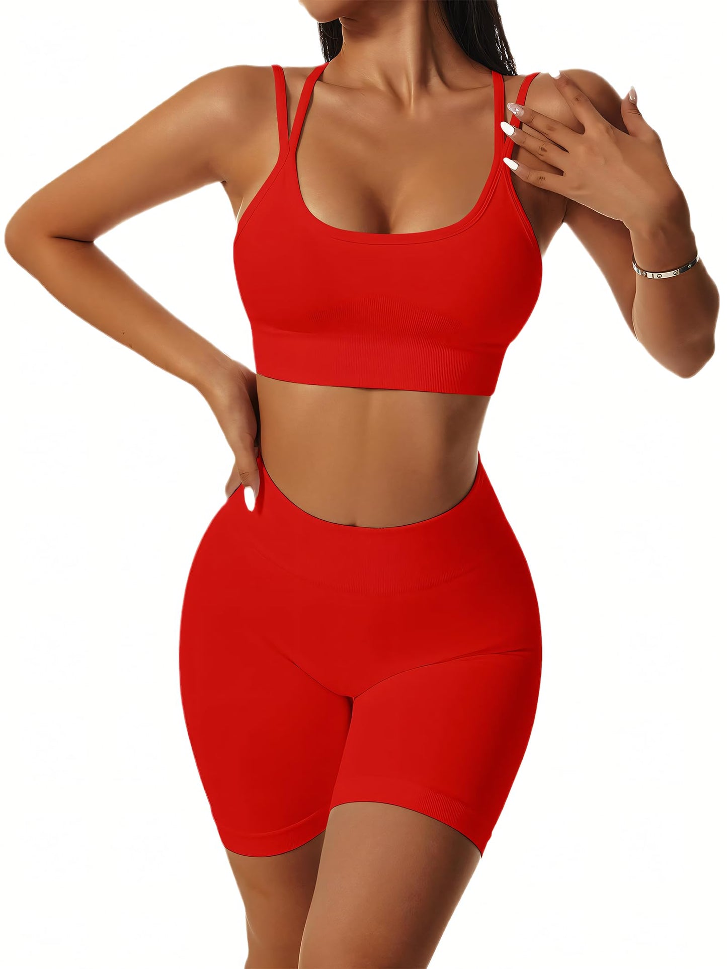 Seamless Workout Sets for Women Strappy Crisscross Sports Bras with Shorts Leggings 2 Piece Yoga Outfits Gym Tracksuit