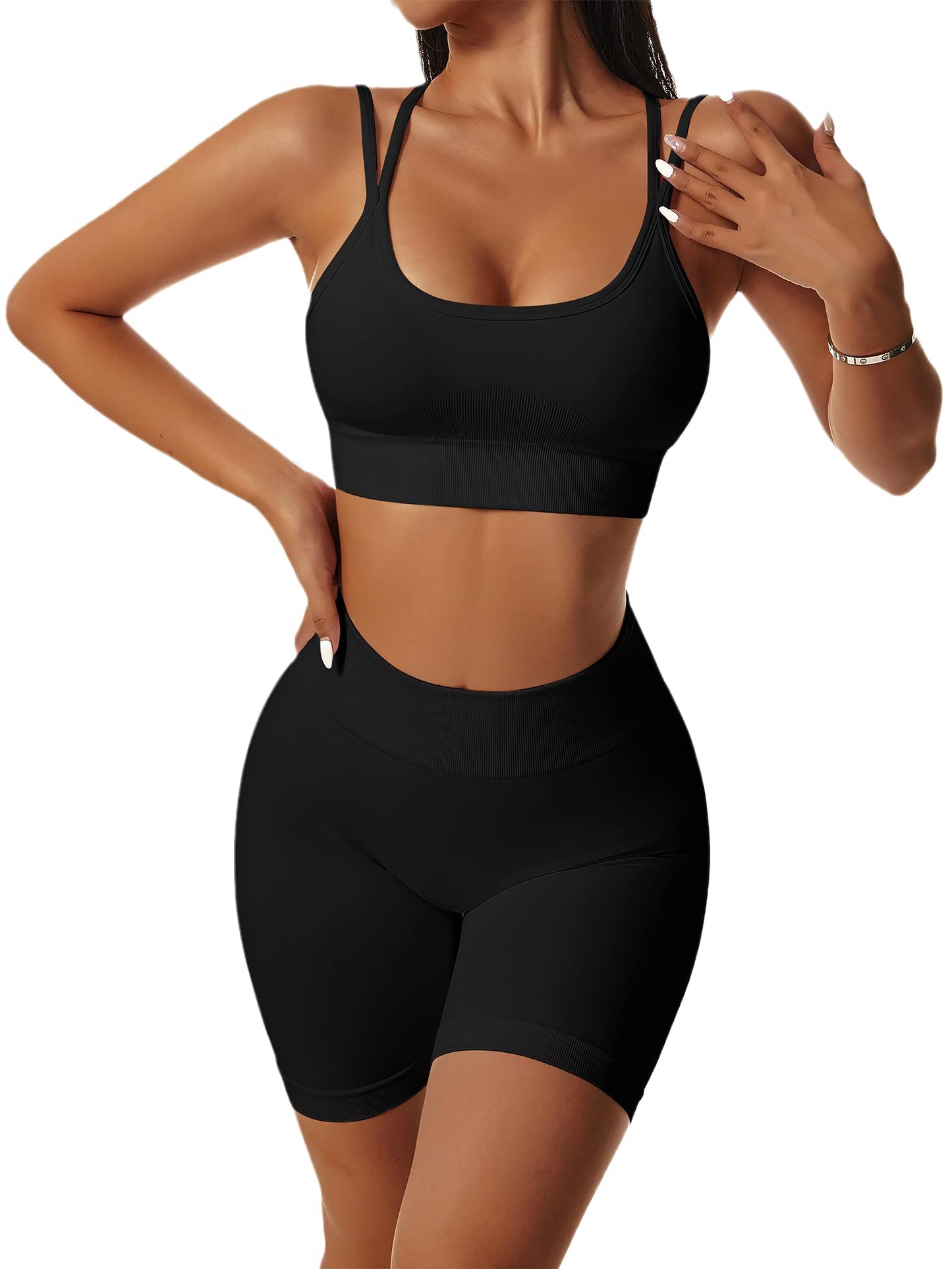 Seamless Workout Sets for Women Strappy Crisscross Sports Bras with Shorts Leggings 2 Piece Yoga Outfits Gym Tracksuit