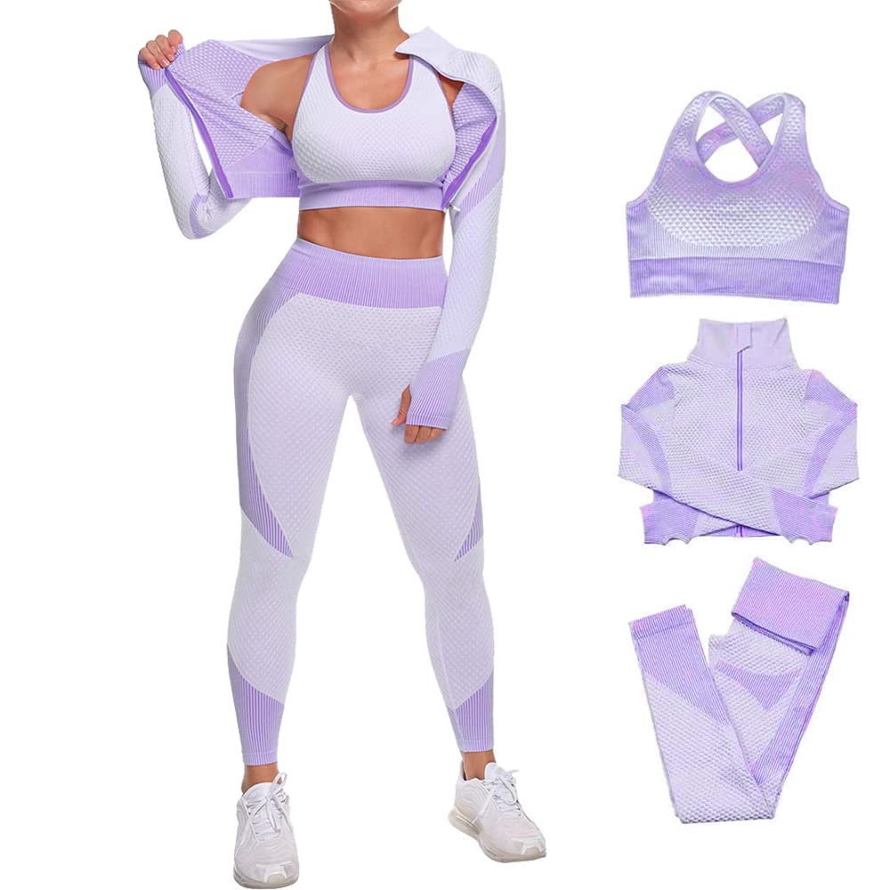 Veriliss 3pcs Seamless Outfit Workout Sets Gym for Women, Fitness Sports School Running Clothes Yoga Sportswear