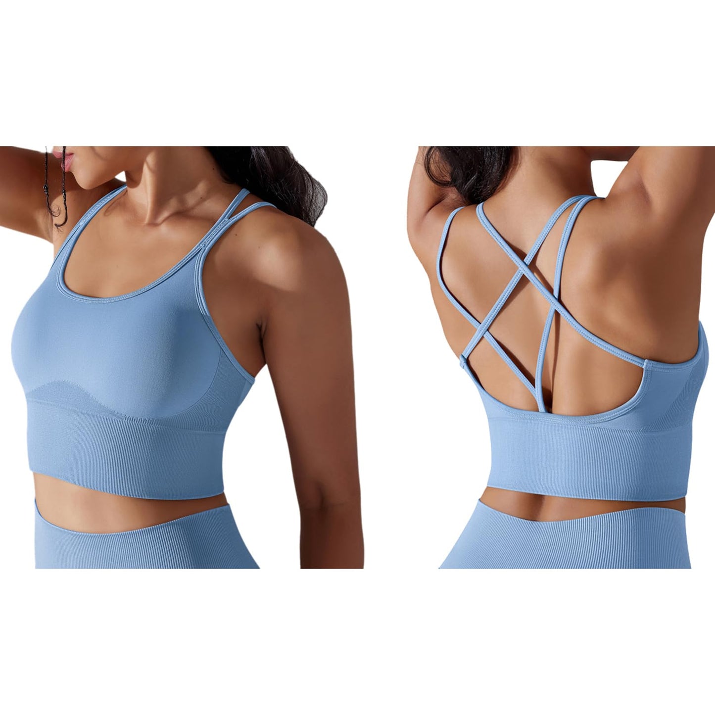 Womens Seamless Workout Sets Crisscross Strappy Sports Bra High Waist Booty Scrunch Shorts 2 Piece Gym Outfits