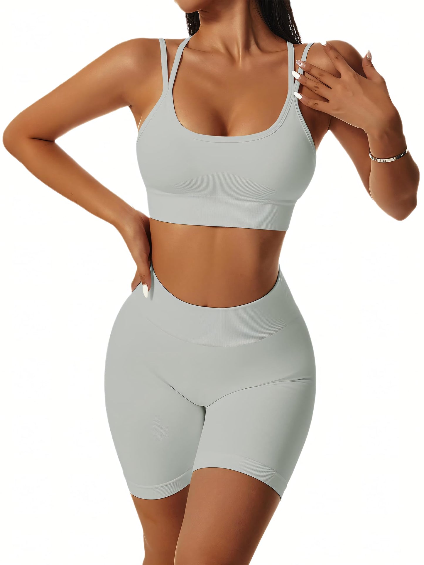 Seamless Workout Sets for Women Strappy Crisscross Sports Bras with Shorts Leggings 2 Piece Yoga Outfits Gym Tracksuit