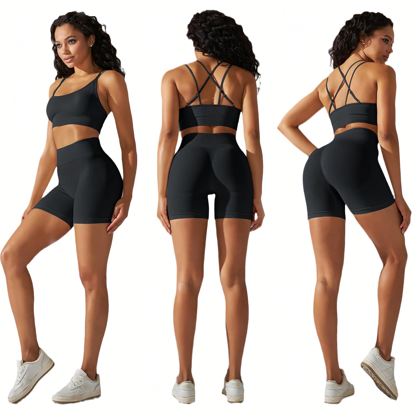 Seamless Workout Sets for Women Strappy Crisscross Sports Bras with Shorts Leggings 2 Piece Yoga Outfits Gym Tracksuit