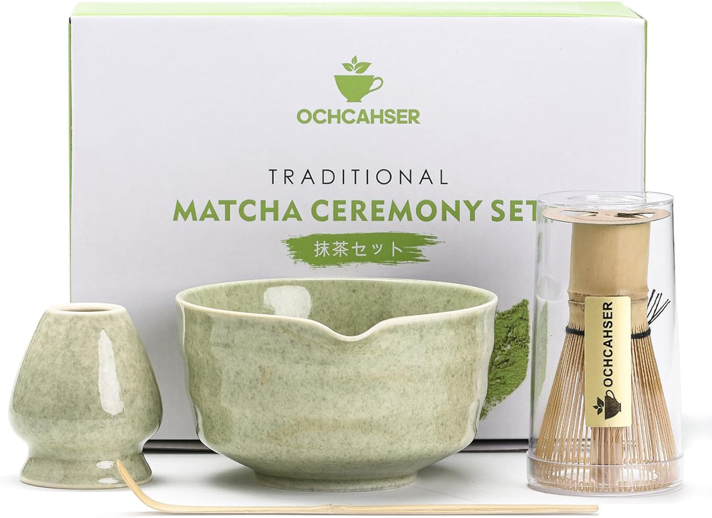 Ochcahser Matcha Set, Japanese Tea Set Includes Matcha Bowl with Spout, Matcha Whisk Holder, Bamboo Matcha Whisk and Bamboo Scoop, 17 oz Mottled Tea Green Glaze Ceramic Matcha Kit for Tea Lovers