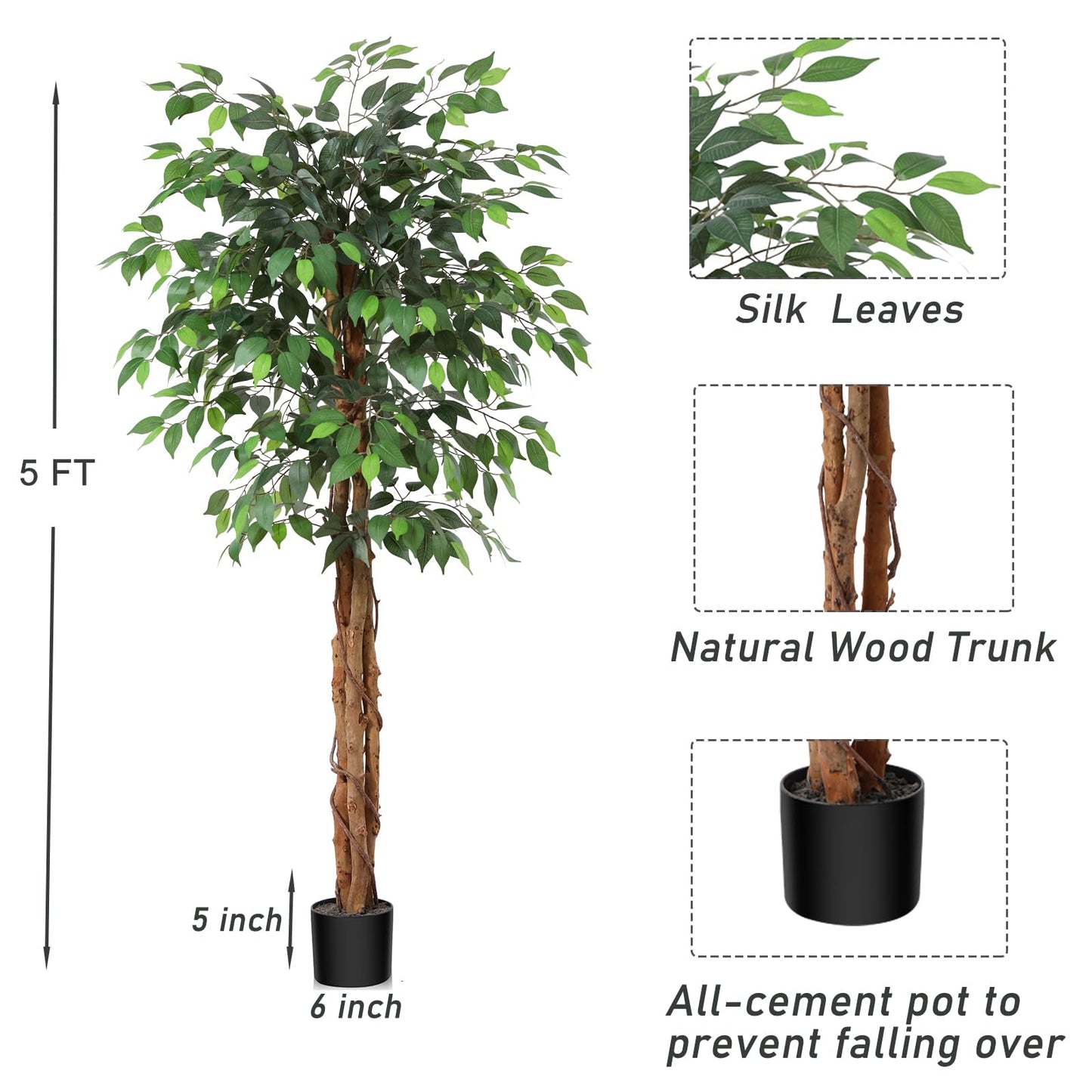 OAKRED 4FT Silk Artificial Ficus Tree with Realistic Leaves and Natural Trunk Fake Plants Tall Fake Tree Faux Ficus Tree for Office House Living Room Home Decor Indoor Outdoor,Set of 1