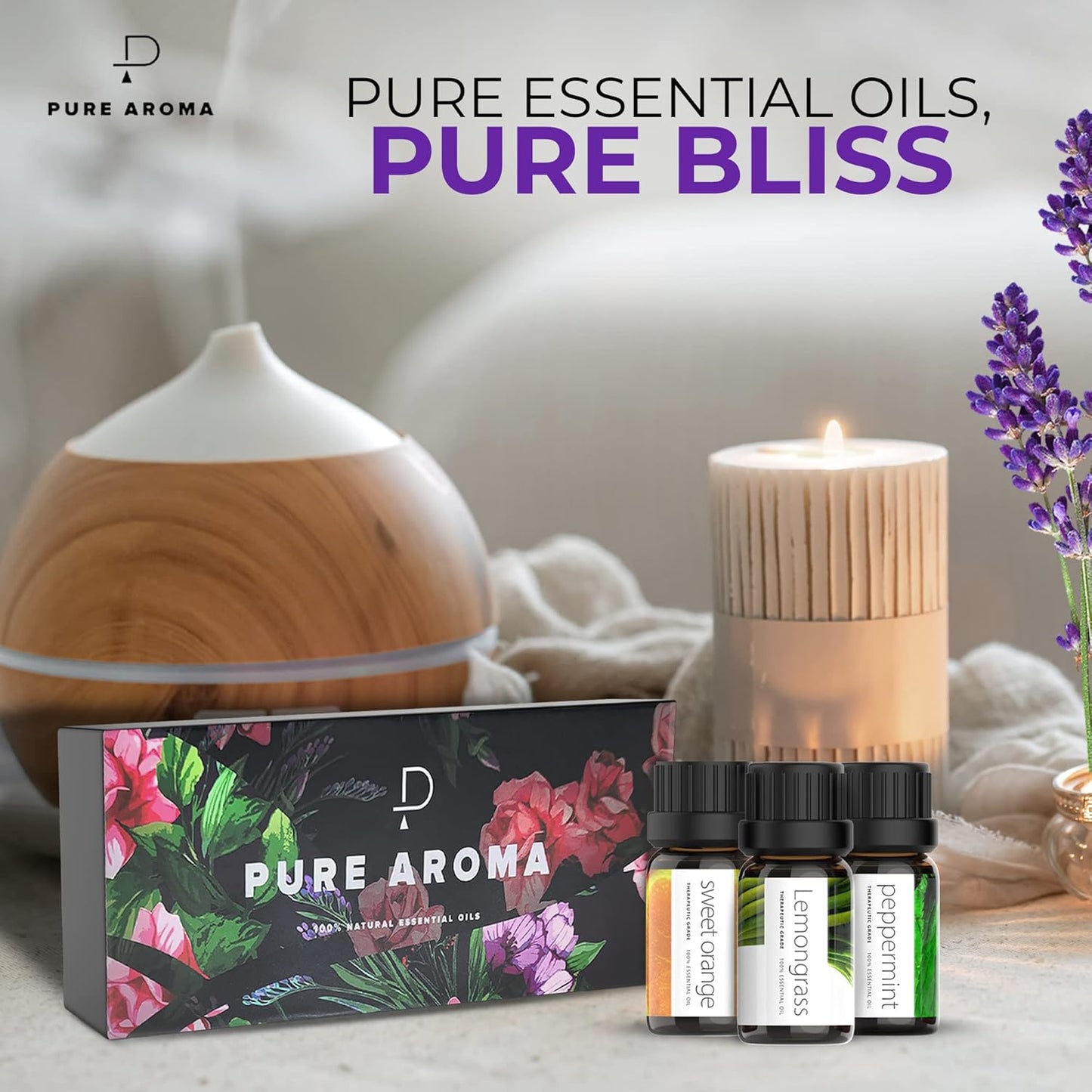 PURE AROMA Essential oils 100% Pure Therapeutic Grade Oils kit- Top 6 Aromatherapy Oils Gift Set-6 Pack, 10ML(Eucalyptus, Lavender, Lemon grass, Orange, Peppermint, Tea Tree)