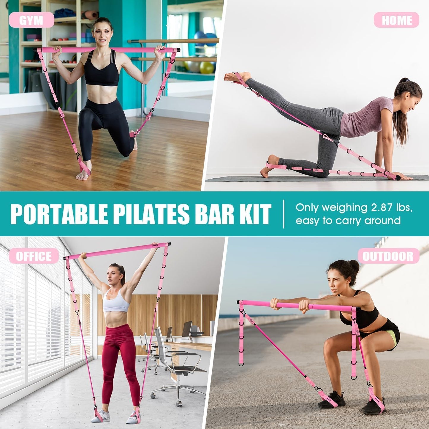 Pilates Bar Kit with Resistance Bands, Pilates Workout Equipment for Legs, Hip, Waist, Arm, Squats Exercise Equipment for Home Workouts, Adjustable 3-Section Pilates Bar Kit for Women & Men