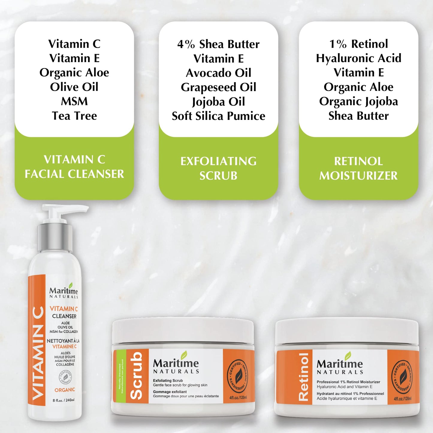 Maritime Naturals Ultimate Skin Refresh Bundle - Includes 1 of each: Vitamin C Cleanser (240 ml), Exfoliating Scrub (120 ml), and Retinol Moisturizer (120 ml), Organic and Natural Ingredients