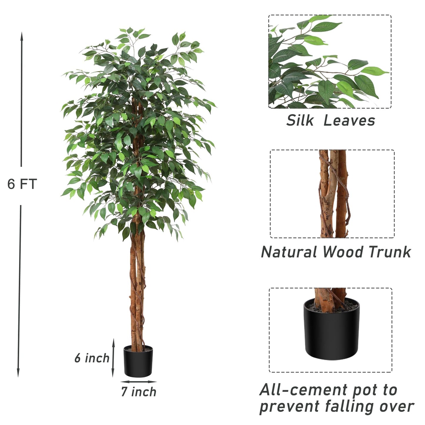 OAKRED 4FT Silk Artificial Ficus Tree with Realistic Leaves and Natural Trunk Fake Plants Tall Fake Tree Faux Ficus Tree for Office House Living Room Home Decor Indoor Outdoor,Set of 1