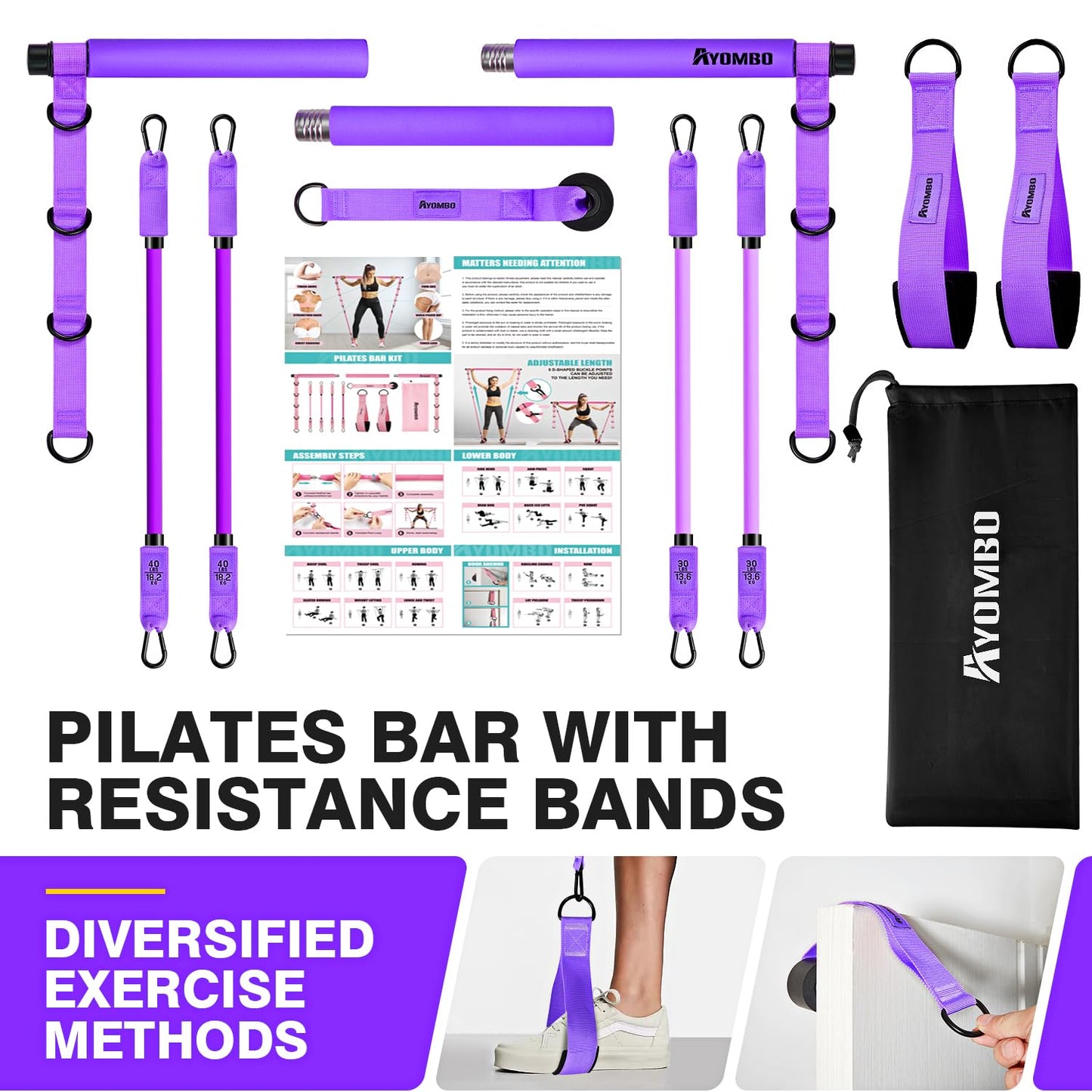 Pilates Bar Kit with Resistance Bands, Pilates Workout Equipment for Legs, Hip, Waist, Arm, Squats Exercise Equipment for Home Workouts, Adjustable 3-Section Pilates Bar Kit for Women & Men