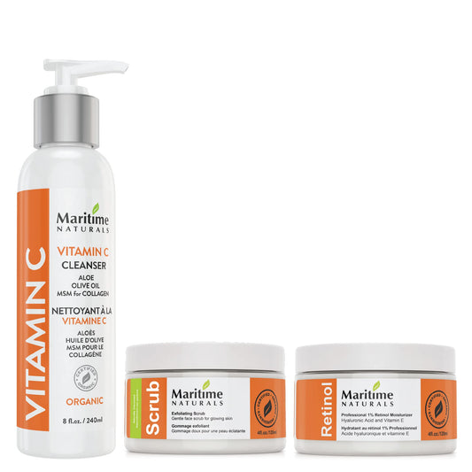 Maritime Naturals Ultimate Skin Refresh Bundle - Includes 1 of each: Vitamin C Cleanser (240 ml), Exfoliating Scrub (120 ml), and Retinol Moisturizer (120 ml), Organic and Natural Ingredients