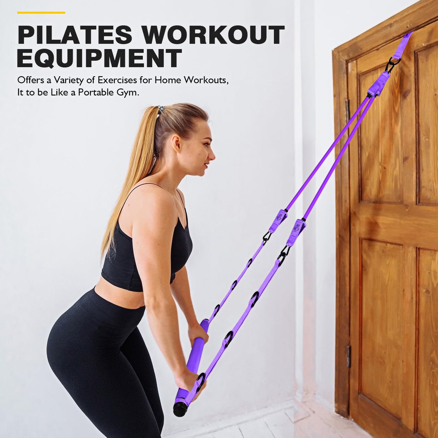 Pilates Bar Kit with Resistance Bands, Pilates Workout Equipment for Legs, Hip, Waist, Arm, Squats Exercise Equipment for Home Workouts, Adjustable 3-Section Pilates Bar Kit for Women & Men