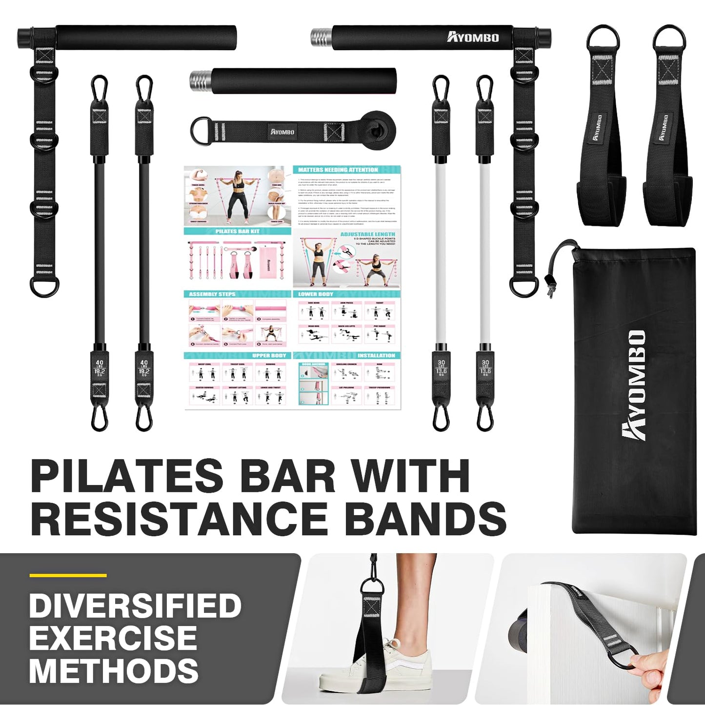 Pilates Bar Kit with Resistance Bands, Pilates Workout Equipment for Legs, Hip, Waist, Arm, Squats Exercise Equipment for Home Workouts, Adjustable 3-Section Pilates Bar Kit for Women & Men