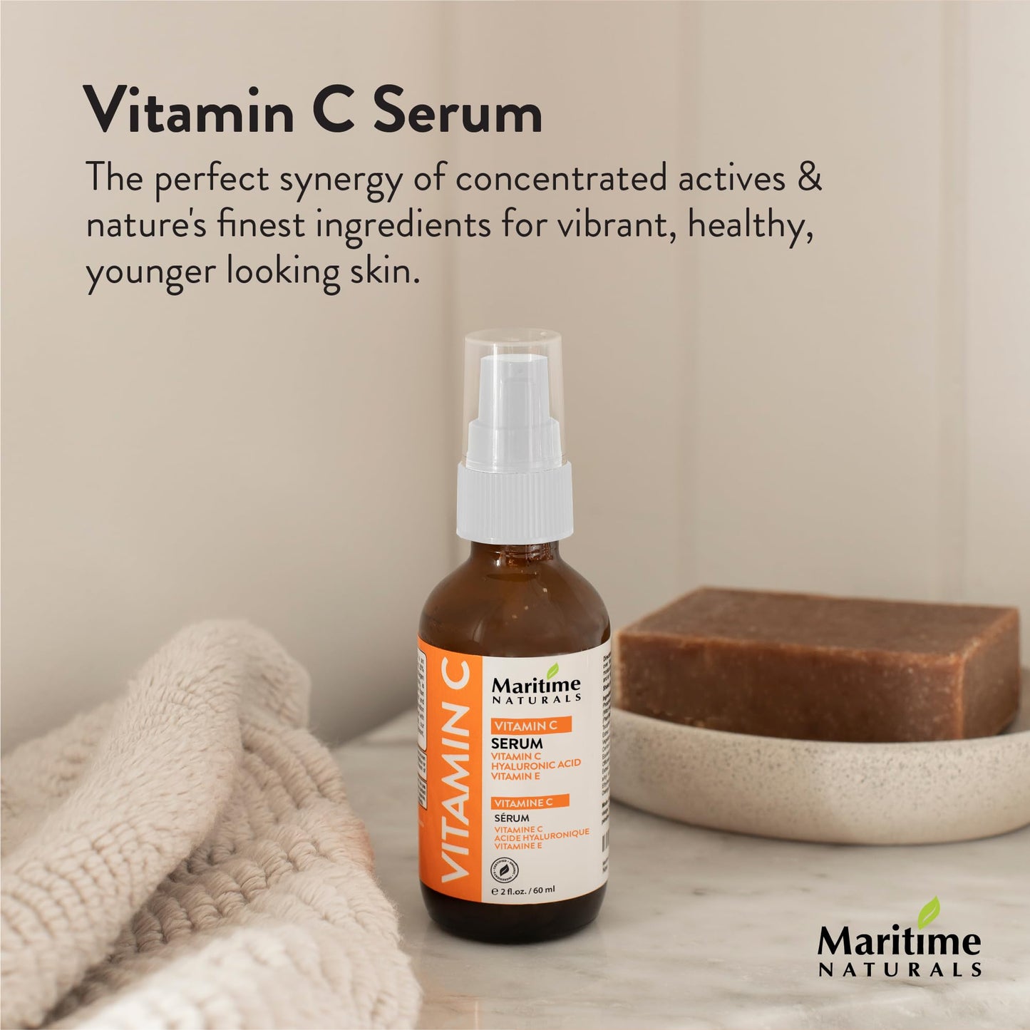 Maritime Naturals Vitamin C Serum for Face & Neck with Hyaluronic Acid & Balanced Botanicals | Professional Vitamin C Face Serum for Women & Men, Organic Skin Care, Born In Nova Scotia, Canada (60ml)