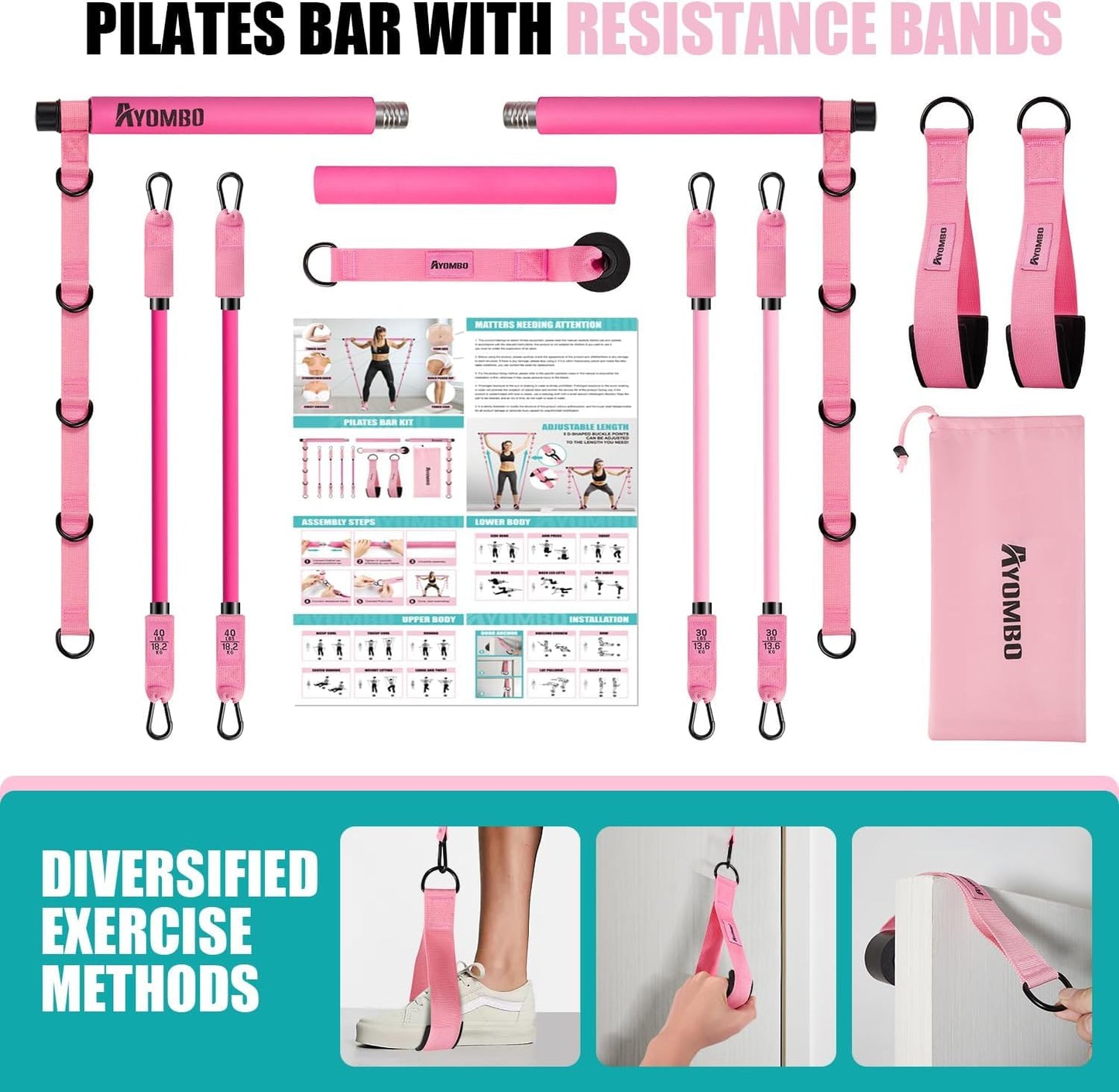 Pilates Bar Kit with Resistance Bands, Pilates Workout Equipment for Legs, Hip, Waist, Arm, Squats Exercise Equipment for Home Workouts, Adjustable 3-Section Pilates Bar Kit for Women & Men