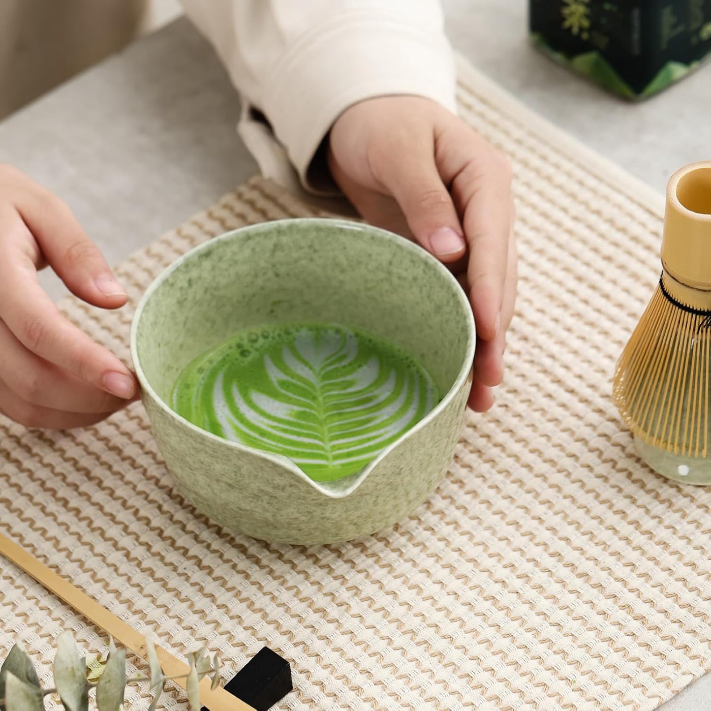 Ochcahser Matcha Set, Japanese Tea Set Includes Matcha Bowl with Spout, Matcha Whisk Holder, Bamboo Matcha Whisk and Bamboo Scoop, 17 oz Mottled Tea Green Glaze Ceramic Matcha Kit for Tea Lovers