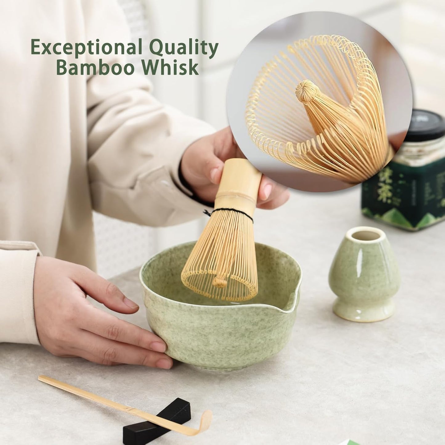 Ochcahser Matcha Set, Japanese Tea Set Includes Matcha Bowl with Spout, Matcha Whisk Holder, Bamboo Matcha Whisk and Bamboo Scoop, 17 oz Mottled Tea Green Glaze Ceramic Matcha Kit for Tea Lovers