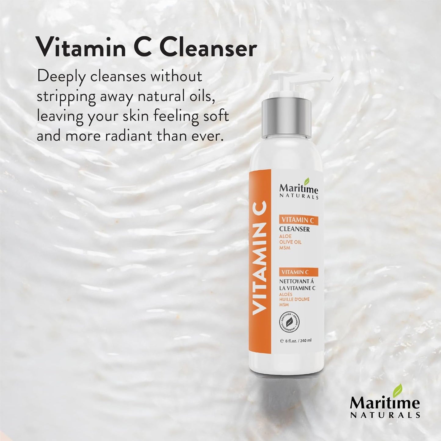 Maritime Naturals Vitamin C Cleanser for Bright, Refreshed Skin | Body & Face Cleanser made with Organic & Natural Ingredients | Gentle Face Wash for Oily, Dry and Sensitive Skin (240 ml)